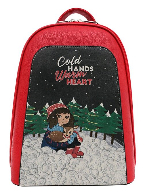 Kadın Vegan Kırmızı Sırt Çantası - Cold Hands Warm Hearts Tasarım