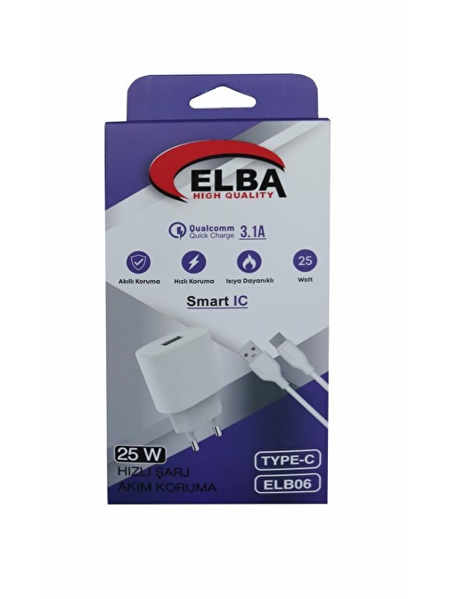 Elba Elb06 - USB - 25W Type-C Şarj Aleti Akım Koruma - Hızlı Şarj Beyaz 1 mt