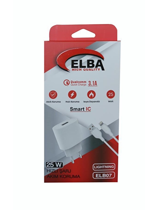 Elba Elb07 - USB - 25Wıos 25W Hızlı Şarj Kafa+ USB Lightning Kablo Beyaz 1 mt