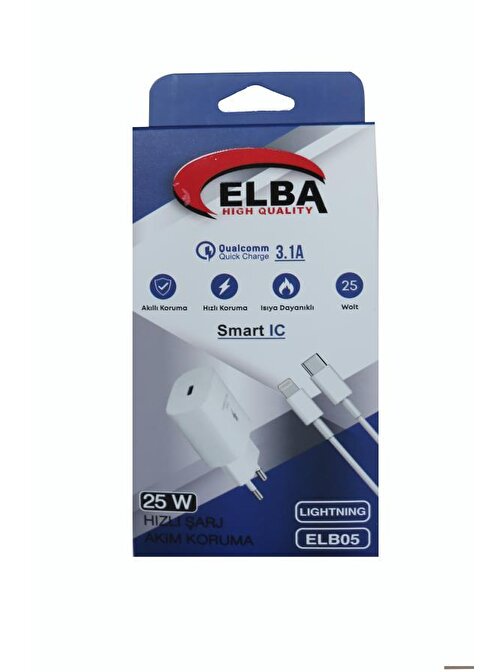 Elba Elb05-Pd-25Wıos 25W 2 Port Girişli Type-C To Lightnıng Kablo Pd3.0 - Qc4.0 Beyaz 1 mt