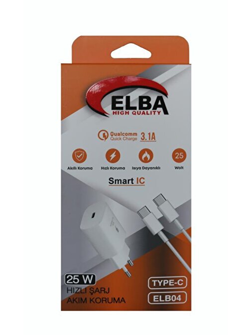 Elba Elb04-Pd-25Wtypc 25W USB-C Ev Şarj Kafa+ 2 Port Girişli Type-C To Type-C Kablo Beyaz 1 mt