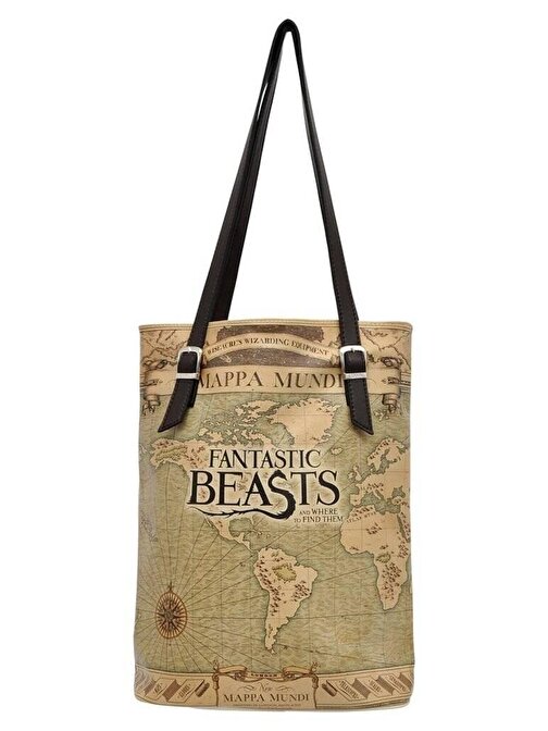 Kadın Vegan Kahverengi Omuz Çantası - Mappa Mundi Fantastic Beasts Tasarım
