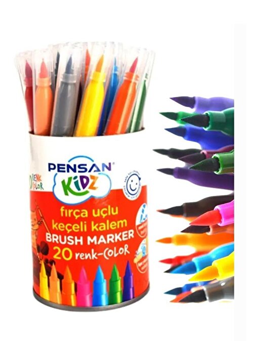 Pensan 20 li Keçeli Kalem 20 Renk Fırça Uçlu Keçeli Kalem Kavanozlu Yıkanabilir