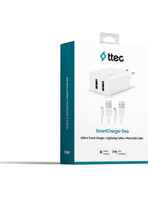 Ttec 2Scs21Db 2 Smartcharger Duo 2.4A Cift USB + Lightning Ve Micro Kablo 2 Port Girişli USB Şarj Aleti Beyaz