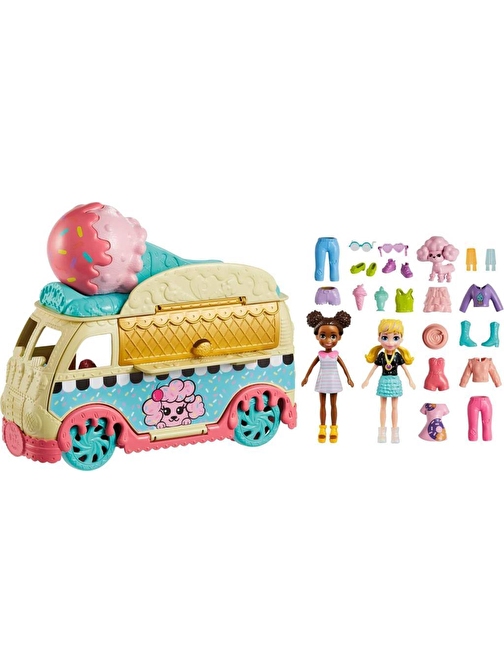 Polly Pocket HHX77 Minik Lezzetler Dondurma Arabası Polly ve Shani Karakter Figürü İkramlar Giysiler ve Aksesuarlar Dahil 10 cm 4+ Yaş