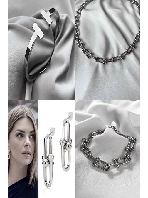 Gümüş Renk Tiffany  Blanca Kombin Set Kolye, Bileklik, Kelepçe Ve Küpeden Oluşan Kombin Ürün