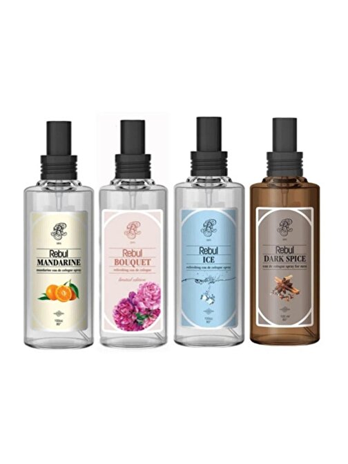 Rebul 80 Derece Sprey Kolonya Bouquet+Mandarine+Ice+Dark Spice 100 ml 4'lü Set