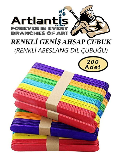 Artlantis Renkli Dil Çubuğu 200 Lü 1 Paket Ahşap Dil Basma Cubugu Abeslang Renkli Doktor Dil Çubuğu Büyük Jumbo