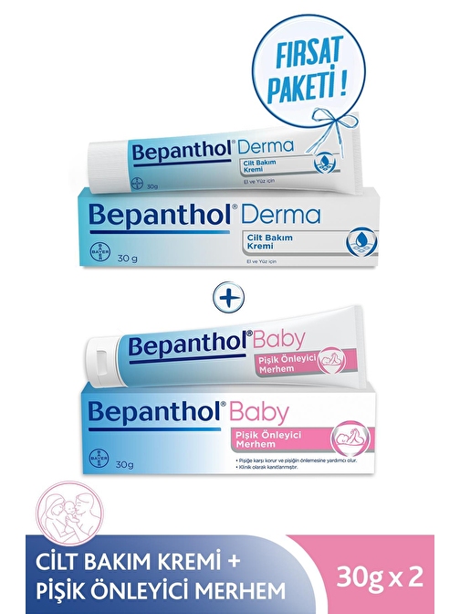 Bepanthol Cilt Bakım Kremi 30g + Baby Pişik Önleyici Merhem 30 ml Avantajlı Günlük Bakım Seti