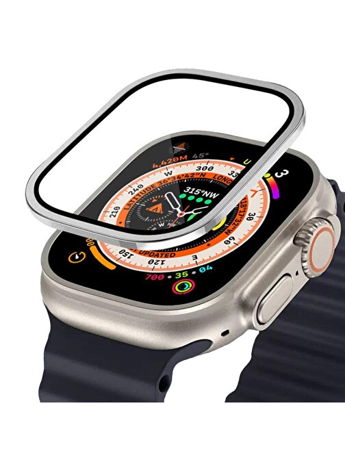 Binano Apple Watch Ultra 49 mm Metal Çerçeveli Ekran Koruyucu Gümüş