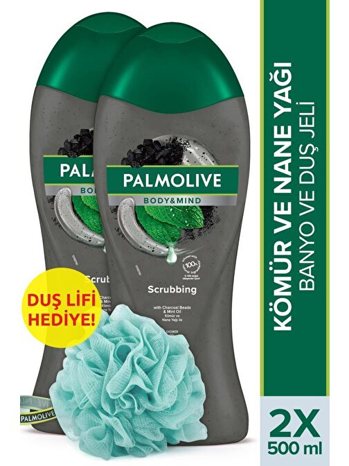 Palmolive  Body & Mind Kömür Ve Nane Yağı Banyo Ve Duş Jeli 500 ml  x 2 Adet + Duş Lifi Hediye