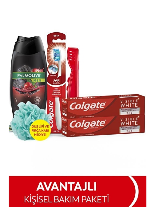 Colgate Diş Macunu 75 ml x 2 + Orta Diş Fırçası + Palmolive Men Duş Jeli 500 ml + Duş Lifi & Fırça Kabı