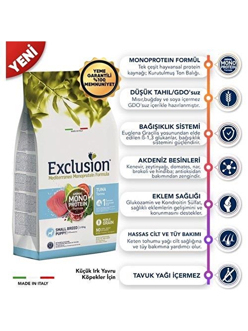 Exclusion Monoprotein Düşük Tahıllı Ton Balıklı Ve Narlı Küçük Irk Yavru Köpek Maması 2 Kg