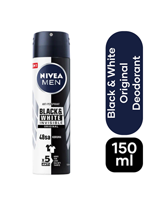 MEN Erkek Sprey Deodorant Black&White Invisible Original 150 ml, 48 Saat Anti-Perspirant Koruma