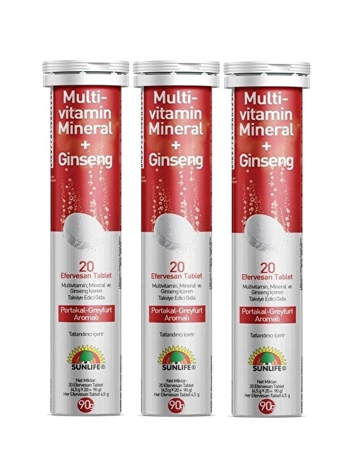 Sunlife Multivitamin Mineral Ginseng 20 Efervesan Tablet Portakal Greyfurt Aromalı x 3 Adet