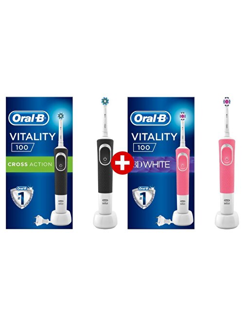 Oral-B Vitality Siyah D100 Cross Action Elektrikli Diş Fırçası (Box)+Pembe D100 3D White Diş Fırçası