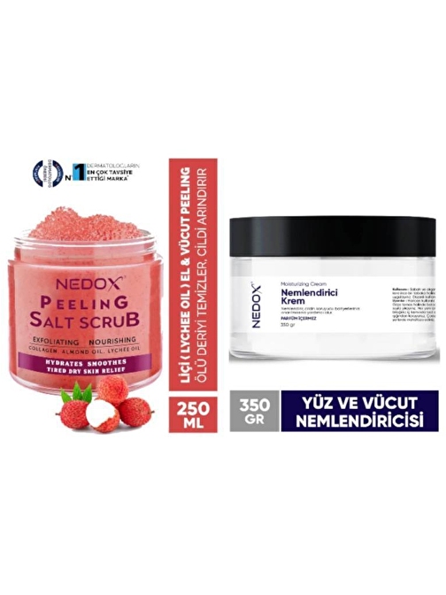 Nedox Lychee Oil El ve Vücut Peelingi 250 ml + Nemlendirici Yüz Vücut Nemlendirici 350 gr