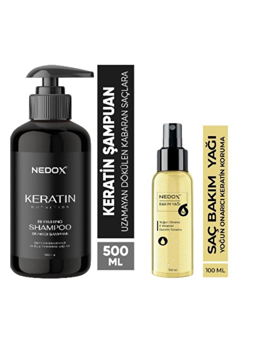 Nedox Keratinli Saç Bakım Şampuanı 500 Ml+Keratin Özlü Onarıcı E Vitaminli Saç Bakım Yağı 100 Ml