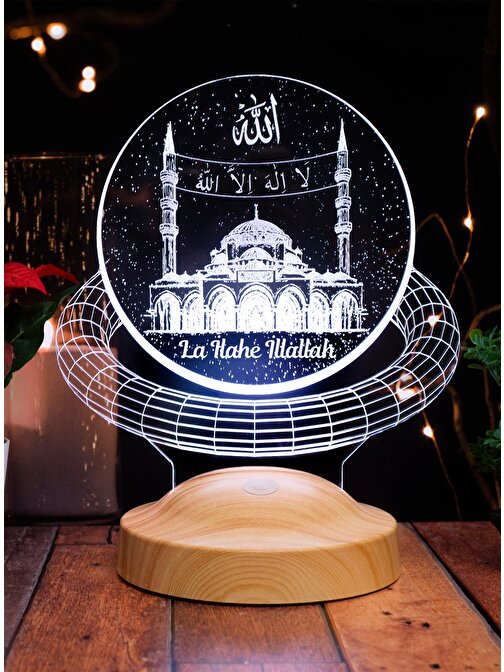Sevgi Lambası Mahyalı Camii Dini Hediye, Allah ve La İlahe İllallah Arapça ve Latin Alfabeleri ile 3D Led Lamba