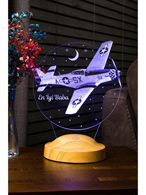 Sevgi Lambası Uçak Figürlü Hediye,Pilota Hediye,Babalar Günü Hediyesi, En İyi Baba 3 Boyutlu Led Foto Lamba