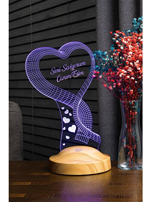 Sevgi Lambası Sevgililer Günü Hediyesi Canım Eşim Yazılı, Tek Kalp 3D Hediye Led Lamba, Romantik Gecelambası