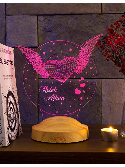 Sevgi Lambası Sevgiliye Hediye Melek Kanatlı Kalp Hediyesi, Melek Aşkım Yazılı 3D Led Lamba