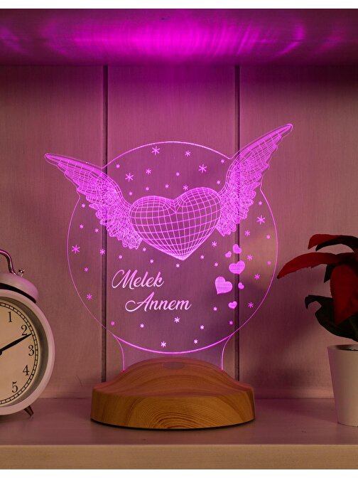 Sevgi Lambası Anneler Günü Hediyesi, Anneye Melek Kanatlı Kalp Hediyesi, 3D Led Lamba