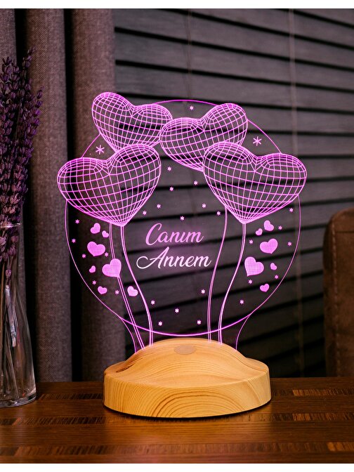 Sevgi Lambası Anneler Günü Hediyesi, Canım Annem, 3 Boyutlu Balon Kalpler Küre, 3D Led Lamba