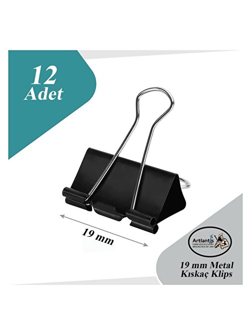 Artlantis Çelik Kıskaç Klips 19 mm 12 Adet 1 Paket Metal Mandal Binder Clips Kıska 30 Sayfa Kapasiteli Çok Amaçlı Kullanım