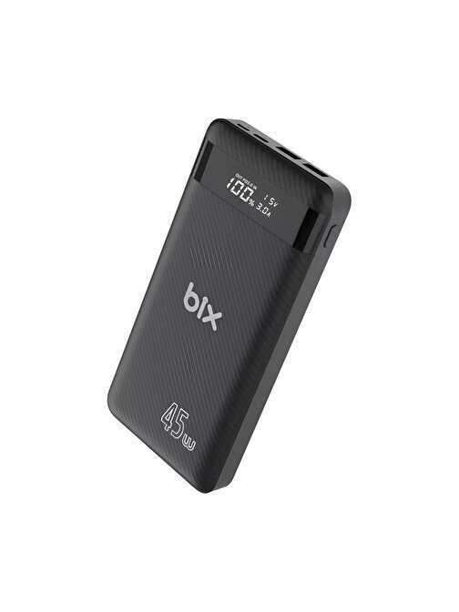 Bix 20000 mAh 45W USB Led Göstergeli Kablolu Hızlı Şarj Powerbank Siyah