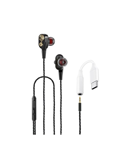 Tecno 2023 Hot Beats 3D Hifi 4 Hoparlörlü Xiaomi Mi 9 Prime Type-C to 3.5mm Jack Dönüştürücü Kablolu Mikrofonlu Kulaklık Siyah