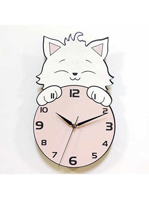 Cajuart Saat Arkasından Bakan Sevimli Kedi Çocuk Odası Duvar Saati Pembe
