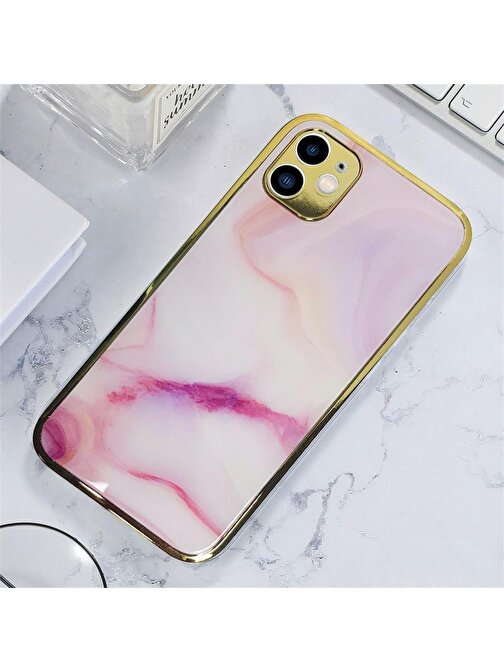 Joyroom İphone 11 Marble Parlak Mermer Desenli Cam Kare Telefon Kılıfı