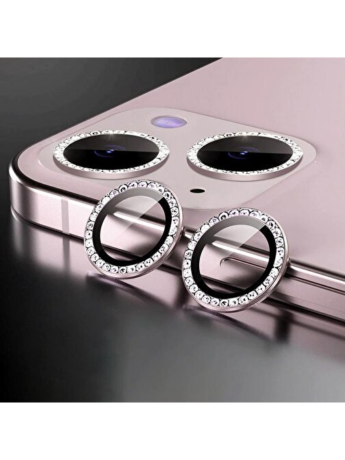 Bipower Binano iPhone 13 - 13 Mini Taşlı Kamera Lens Koruyucu Pembe