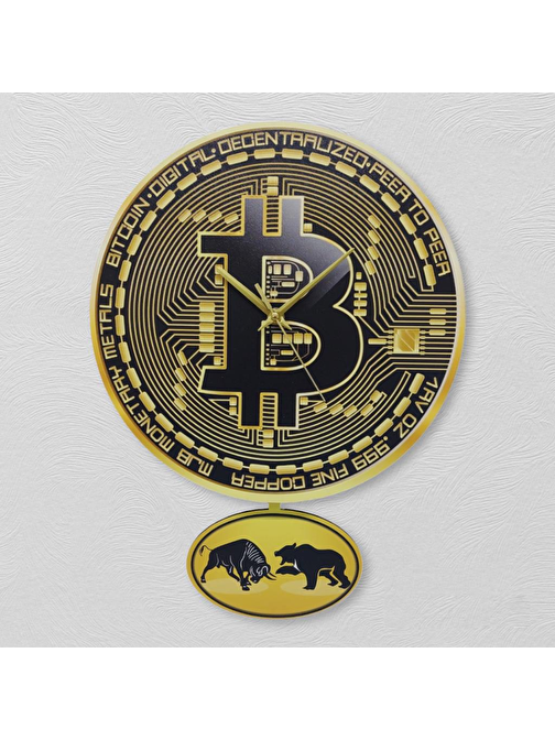 Cajuart Bitcoin Temalı Sallanan Sarkaçlı Ahşap Duvar Saati Hediye Sarı