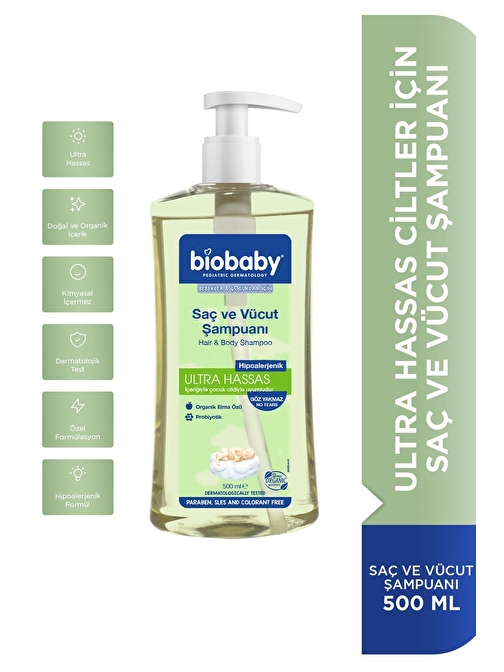 BioBaby Organik Ultra Hassas Ciltler İçin Saç Ve Vücut Bebek Şampuanı 500 ml