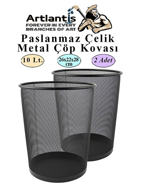 Artlantis Çöp Kovası Paslanmaz Çelik Siyah Fileli 2 Adet Ofis Büro Okul vb.Çöp Kovası Metal Delikli Kolay Kullanım