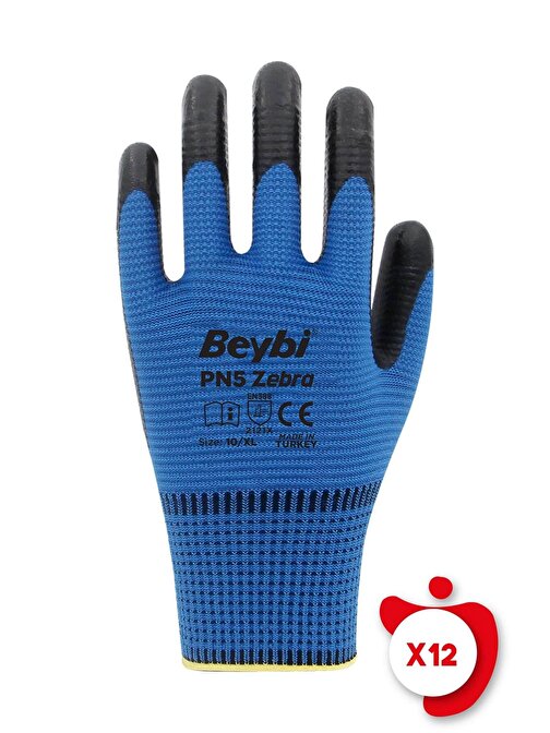 Beybi Pn5 Zebra Mavi Polyester Örme Nitril İş Eldiveni 10 Beden 12 Çift