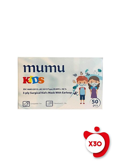 Mumu 3-PLY Surgical Kid's Mask With Earloop 50'li 30 Paket