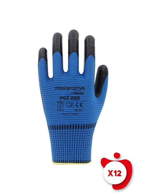 Master Glove Pg3 Zebra Mavi Polyester Örme Nitril İş Eldiveni 10 Beden 12 Çift