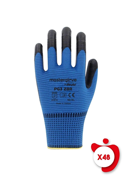 Master Glove Pg3 Zebra Mavi Polyester Örme Nitril İş Eldiveni 10 Beden 48 Çift