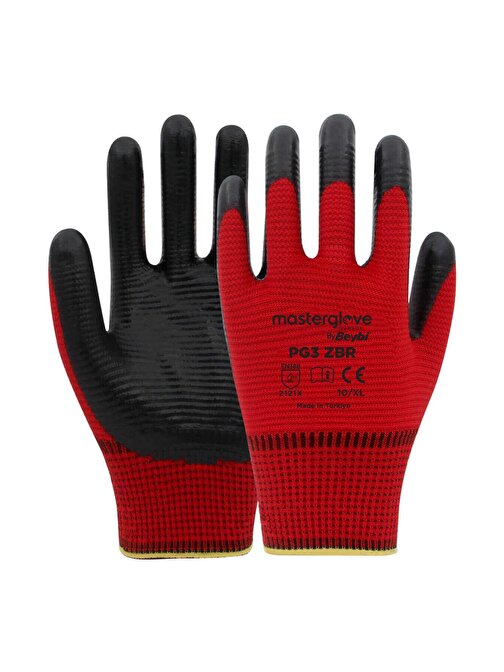 Master Glove Pg3 Zebra Kırmızı Polyester Örme Nitril İş Eldiveni 10 Beden