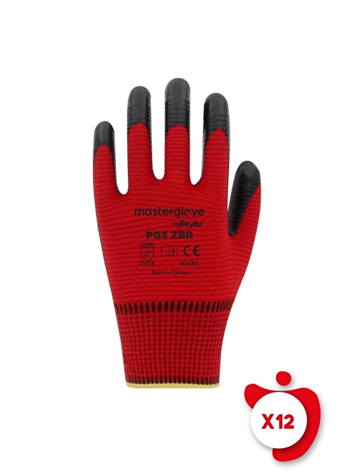 Master Glove Pg3 Zebra Kırmızı Polyester Örme Nitril İş Eldiveni 10 Beden 12 Çift