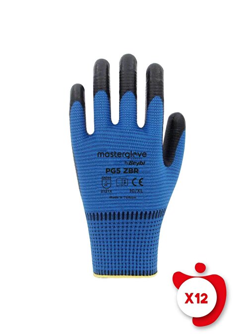 Master Glove Pg5 Zebra Mavi Polyester Örme Nitril İş Eldiveni 10 Beden 12 Çift