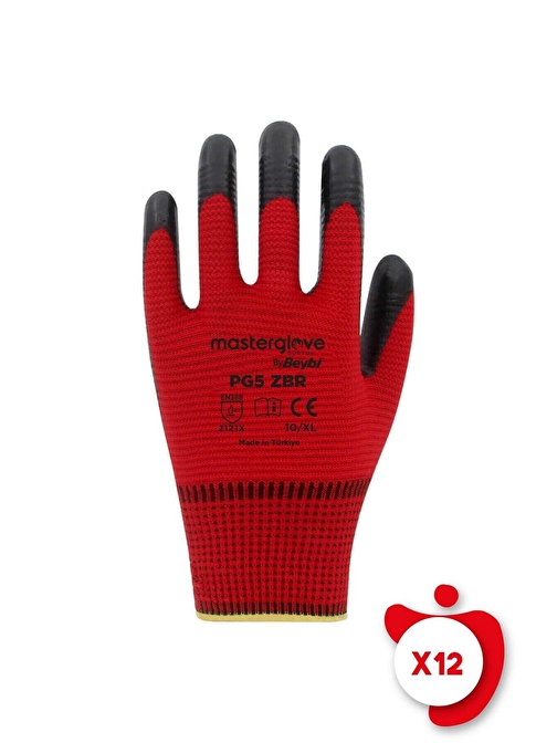 Master Glove Pg5 Zebra Kırmızı Polyester Örme Nitril İş Eldiveni 10 Beden 12 Çift