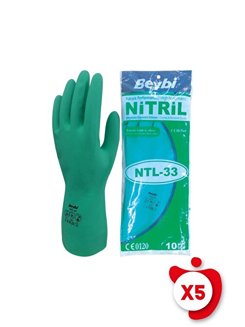 Beybi Ntl-33 Yeşil Kimyasal Koruyucu Nitril İş Eldiveni 10 Beden 5 Paket