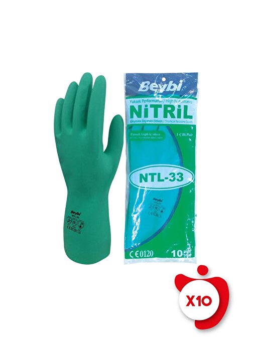 Beybi Ntl-33 Yeşil Kimyasal Koruyucu Nitril İş Eldiveni 10 Beden 10 Paket