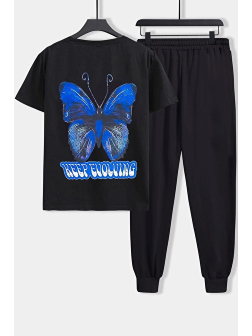 Trendsizde Unisex Mavi Butterfly Baskılı Tişört Alt Eşofman Takımı XL Siyah