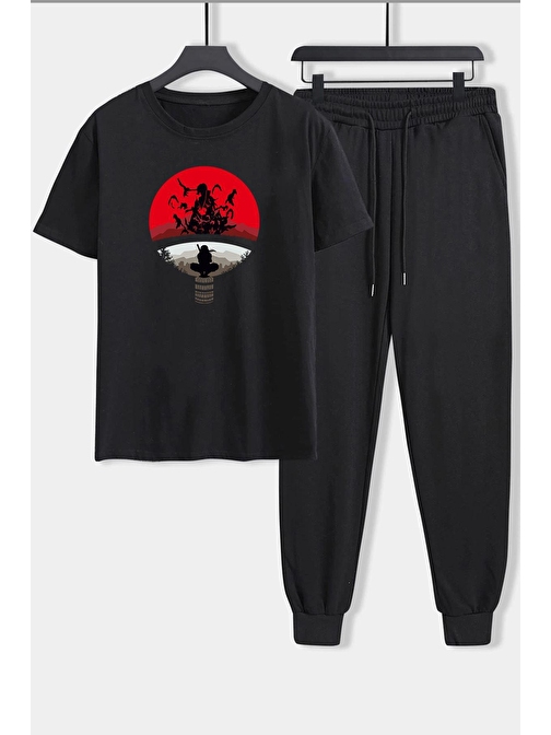 Trendsizde Unisex Itachi Uchiha Baskılı Tişört Alt Eşofman Takımı L