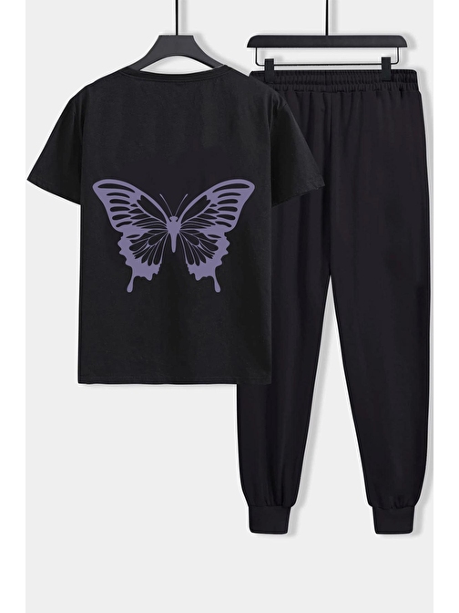 Trendsizde Unisex Butterfly Baskılı Tişört Alt Eşofman Takımı S-M Siyah